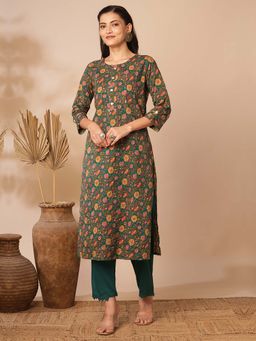 FASHOR - Green Ethnic Floral Printed Straight Fit Pin Tucked Kurta