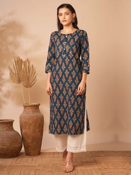 FASHOR - Navy Blue Ethnic Floral Printed and Pin Tucked Straight Fit Kurta