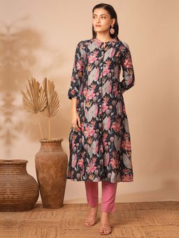 FASHOR - Black Floral Printed A-Line Panelled Kurta