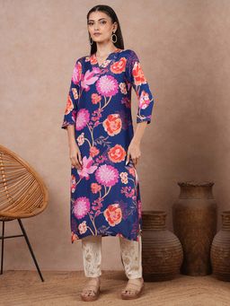FASHOR - Blue Floral Printed Straight Fit Kurta