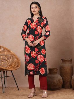 FASHOR - Black Floral Printed Straight Fit Kurta