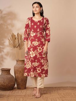 FASHOR - Maroon Ethnic Floral Printed and Embroidered Straight Fit Kurta