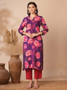 FASHOR - Purple Floral Printed Straight Fit Kurta
