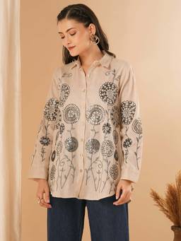 FASHOR - Beige Floral Embroidered Straight Fit Shirt
