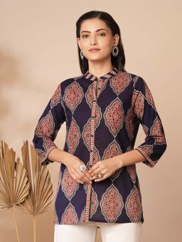 FASHOR - Navy Blue Ethnic Printed Straight Fit Tunic