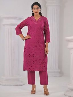 Autumnlane - Lipika Orchid Schiffli Cotton Kurta with Pant (Set of 2)