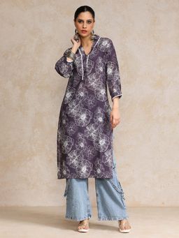 Varanga - Floral Printed V Neck Kurta with Lace Detailing