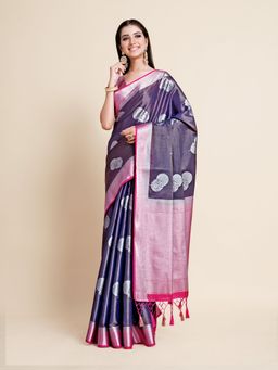 Mimosa - Women Traditional Vakrangi Kanjivaram Art Silk Navy Blue Saree with Unstitched Blouse