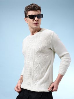 KASMA - White Round Neck Textured Sweater