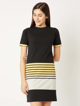 Miss Chase - Women's Multi-Color Round Neck Half Sleeve Cotton Striped Mini Shift Dress