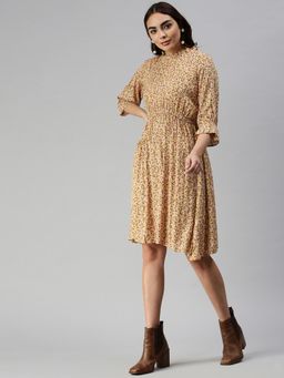 SHOWOFF - Women Beige Floral Ruffled Neck Dress