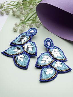 Moedbuille - Blue Mirrors and Beads Studded Contemporary Leaf Design Handcrafted Afghan Earrings