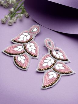 Moedbuille - Light Pink Mirrors and Beads Studded Contemporary Leaf Design Earrings