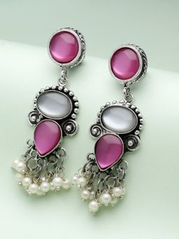 Moedbuille - Pink Mirrors and Pearls Studded Oxidised Silver Plated Antique Earrings