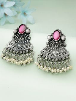 Moedbuille - Pink Mirrors and Pearls Studded Oxidised Silver Plated Drop Earrings