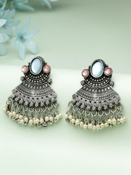 Moedbuille - Blue Mirrors and Pearls Studded Oxidised Silver Plated Drop Earrings