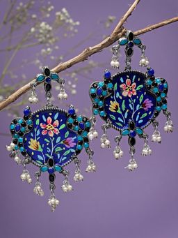 Moedbuille - Blue Meenakari Work Stones Studded Tassell Design Oxidised Silver Plated Earrings