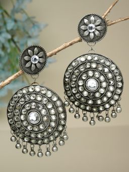 Moedbuille - White Stones and Ghungroo Studded Oxidised Silver Plated Earrings
