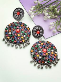 Moedbuille - Multi-Colour Stones and Ghungroo Studded Oxidised Silver Plated Earrings