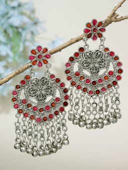 Moedbuille - Pink Meenakari Work Ghungroo Studded Oxidised Silver Plated Earrings