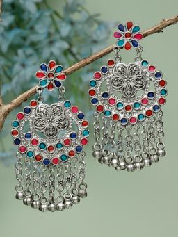 Moedbuille - Multi-Colour Meenakari Work Ghungroo Studded Oxidised Silver Plated Earrings