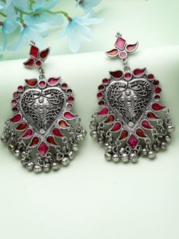 Moedbuille - Pink Meenakari Work Ghungroo Studded Oxidised Silver Plated Tribal Earrings