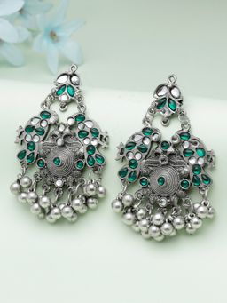 Moedbuille - Green Stones and Ghungroo Studded Oxidised Silver Plated Tribal Earrings