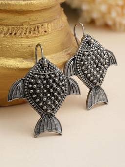 Moedbuille - Silver Fish Shape Oxidised Silver Plated Drop Earrings