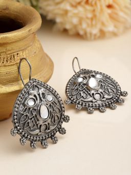 Moedbuille - Silver Stones Studded Teardrop Shape Oxidised Silver Plated Drop Earrings