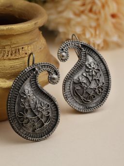 Moedbuille - Silver Paisley Shape Antique Floral Design Oxidised Silver Plated Drop Earrings