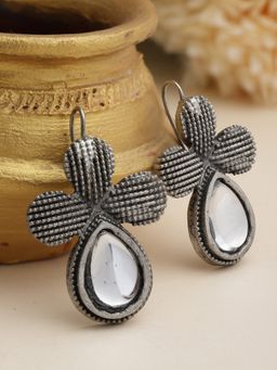 Moedbuille - Silver Stone Studded Teardrop Design Oxidised Silver Plated Drop Earrings