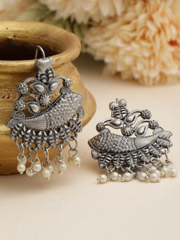 Moedbuille - White Tasselled Design Oxidised Silver Plated Antique Drop Earrings