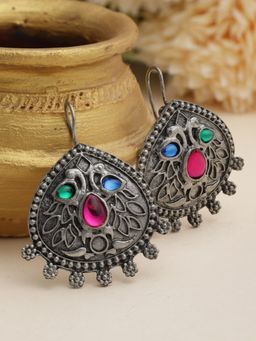 Moedbuille - Multi-Colour Stones Studded Teardrop Shape Oxidised Silver Plated Drop Earrings