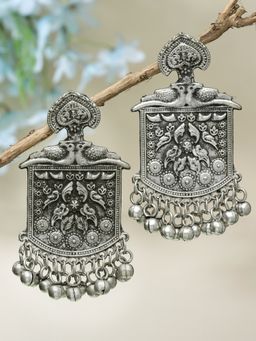 Moedbuille - Silver Ghungroo Studded Tasselled Design Oxidised Silver Plated Drop Earrings