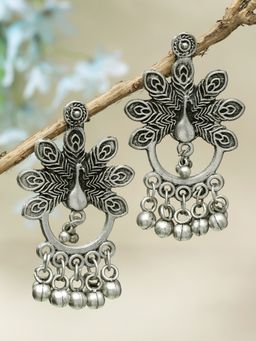 Moedbuille - Silver Ghungroo Studded Peacock Design Oxidised Silver Plated Drop Earrings