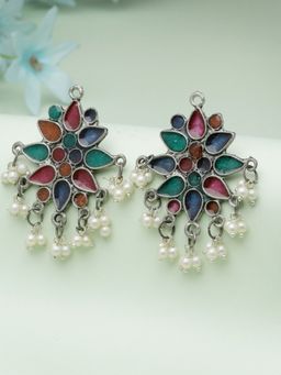 Moedbuille - Multi-Colour Meenakari Work Floral Design Oxidised Silver Plated Drop Earrings