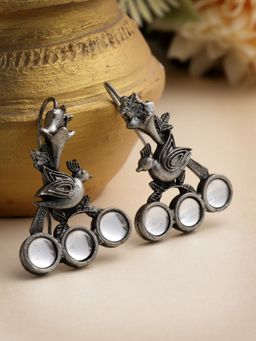 Moedbuille - Metallic Mirrors Studded Oxidised Silver Plated Drop Earrings