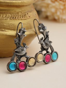Moedbuille - Multi-Colour Mirrors Studded Oxidised Silver Plated Drop Earrings