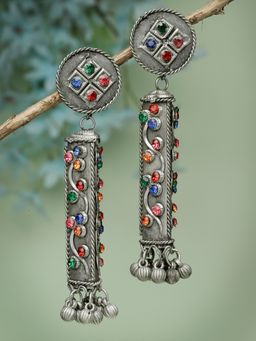 Moedbuille - Multi-Colour Ghungroo and Crystals Studded Oxidised Silver Plated Jhumkas