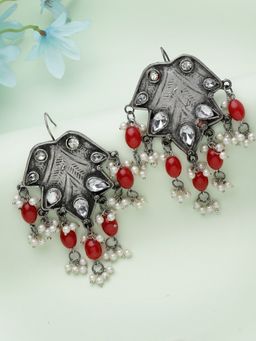 Moedbuille - Red Stones and Pearls Studded Oxidised Silver Plated Drop Earrings