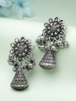 Moedbuille - Silver Filigree Work Floral Design Oxidised Silver Plated Antique Earrings