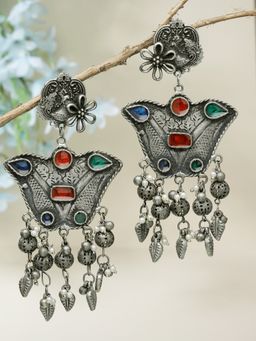 Moedbuille - Multi-Colour Pearls Studded Meenakari Work Oxidised Silver Plated Earrings