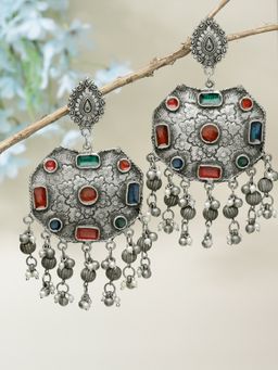 Moedbuille - Multi-Colour Studded Meenakari Work Oxidised Silver Plated Earrings