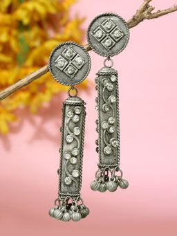 Moedbuille - White Ghungroo and Crystals Studded Oxidised Silver Plated Jhumkas