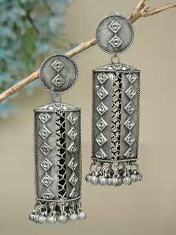 Moedbuille - White Ghungroo and Crystals Studded Oxidised Silver Plated Jhumkas