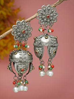 Moedbuille - Multi-Colour Stones and Pearls Studded Oxidised Silver Plated Jhumkas