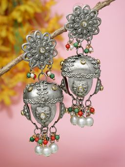 Moedbuille - Multi-Colour Stones and Pearls Studded Oxidised Silver Plated Jhumkas