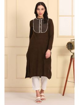 Aurelia - Women's Solid Embroidered Yoke Straight Brown Winter Kurta