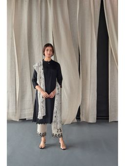 Bombay Bloom - Black Hand Scalloped Embroidered Kurta with Pant and Dupatta (Set of 3)
