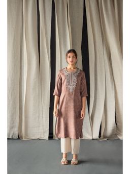 Bombay Bloom - Brown Jacquard Kurta with Yoke Embroidery